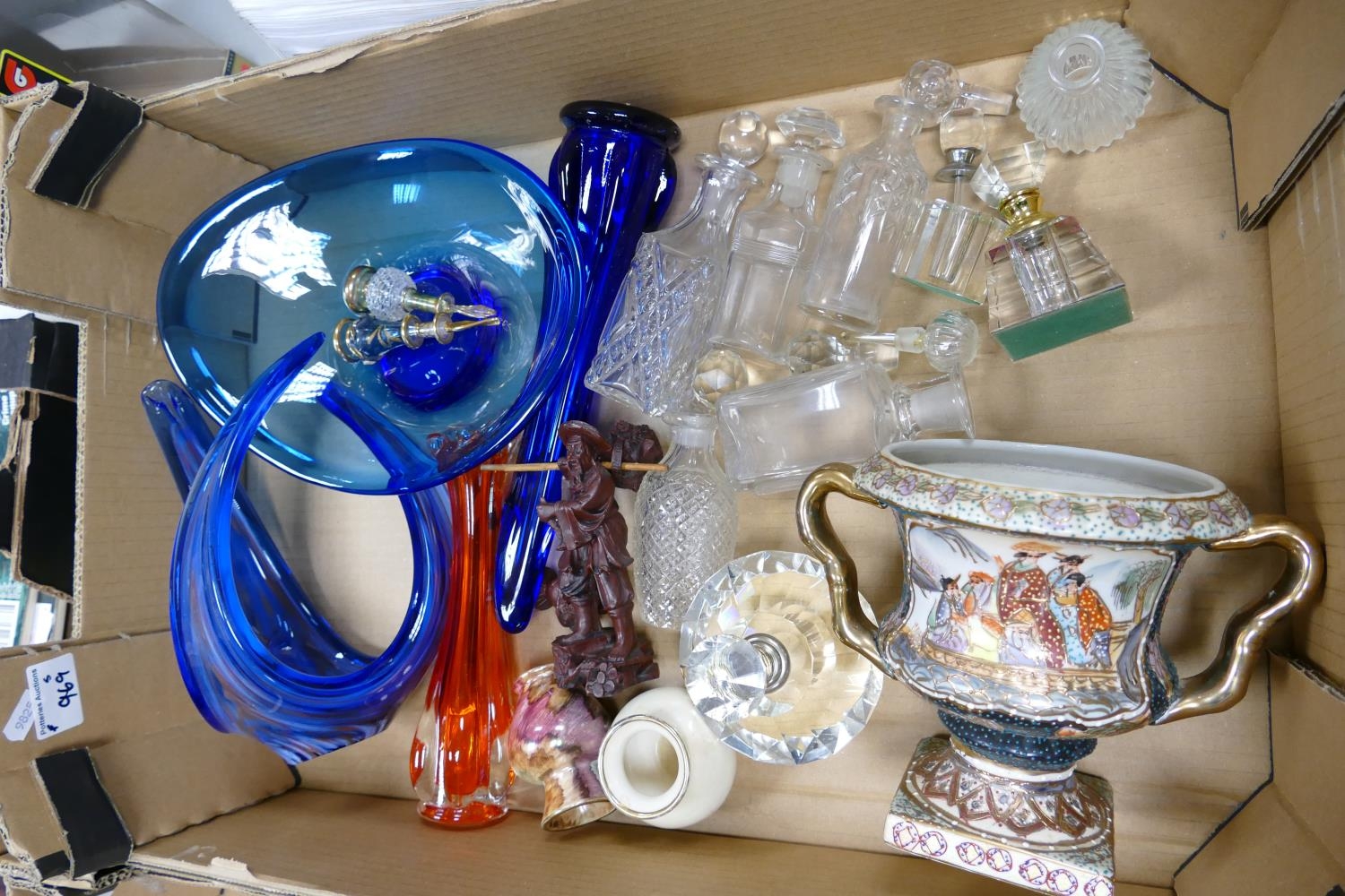 A mixed collection of items to include: Mid Century Art Glass vases & bowls, Crystal Perfume bottle.