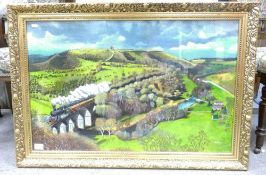 Large Andrew James Framed Oil on Board of Derbyshire Scene: frame size 67 x97cm