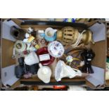 A mixed collection of items to include: lampbase, damaged figure, binoculars etc