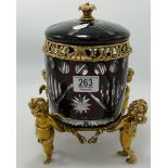 Ornate Brass & Cut Glass Cherub Theme Lidded Pot: height 25cm