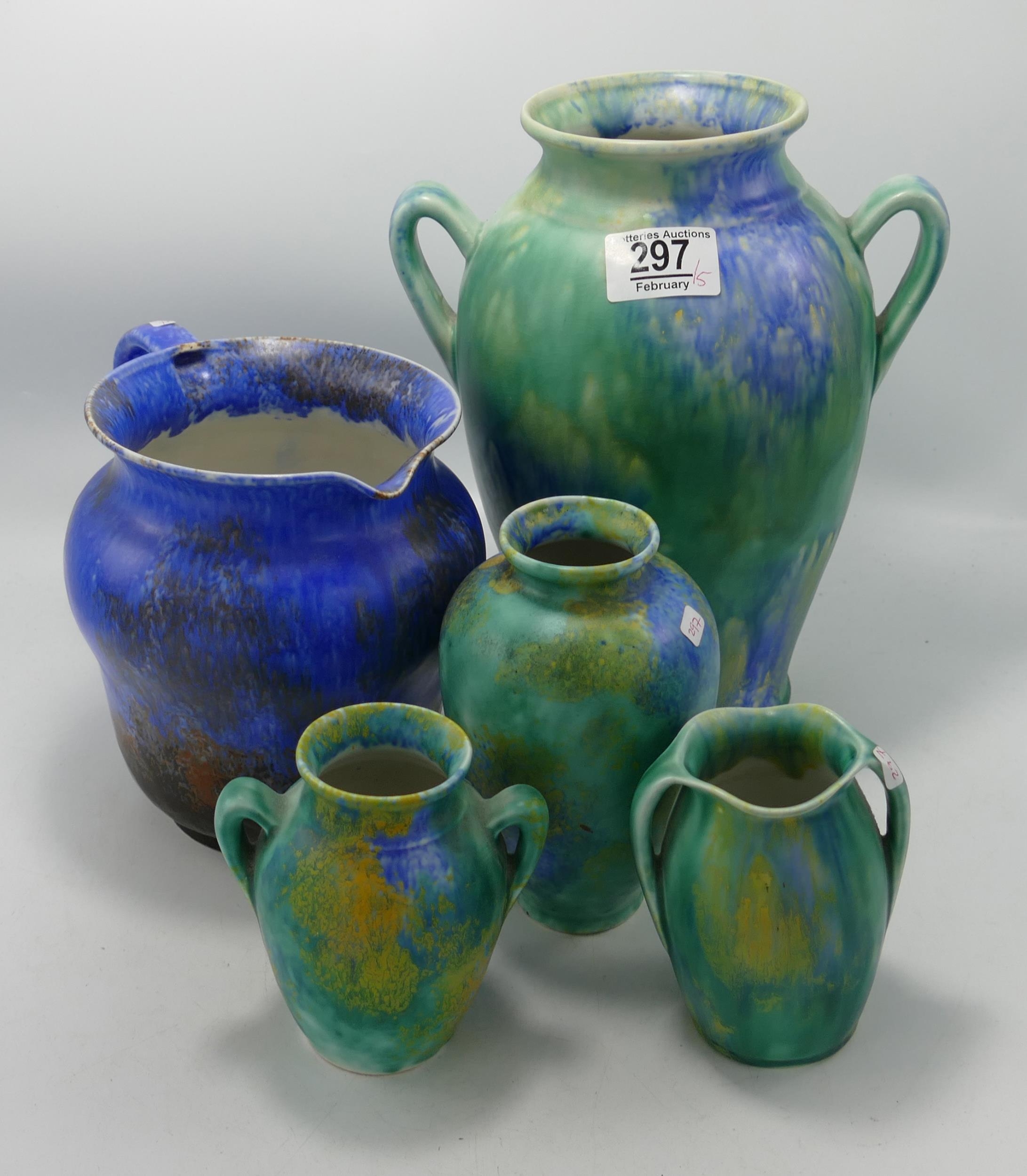A collection of Mottled Art Deco Empire Ware Vases & Jug: tallest 25.5cm