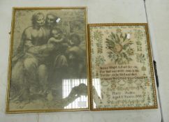 Framed 19th Century Sampler dated 1848: together with framed classical theme print, largest frame