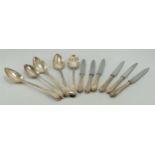 Silver dessert spoons x 5 plus 6 silver handled fruit knives: Gross weight of spoons 174.8g.