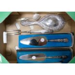 Group of hallmarked silver items: Includes two silver handled boxed pie servers, hand mirror, jam