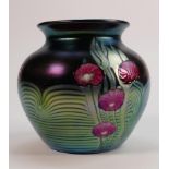 Signed Okra Glass Iridescent Vase by Dave Barras: height 14cm