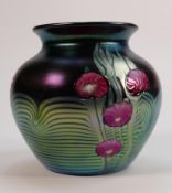 Signed Okra Glass Iridescent Vase by Dave Barras: height 14cm