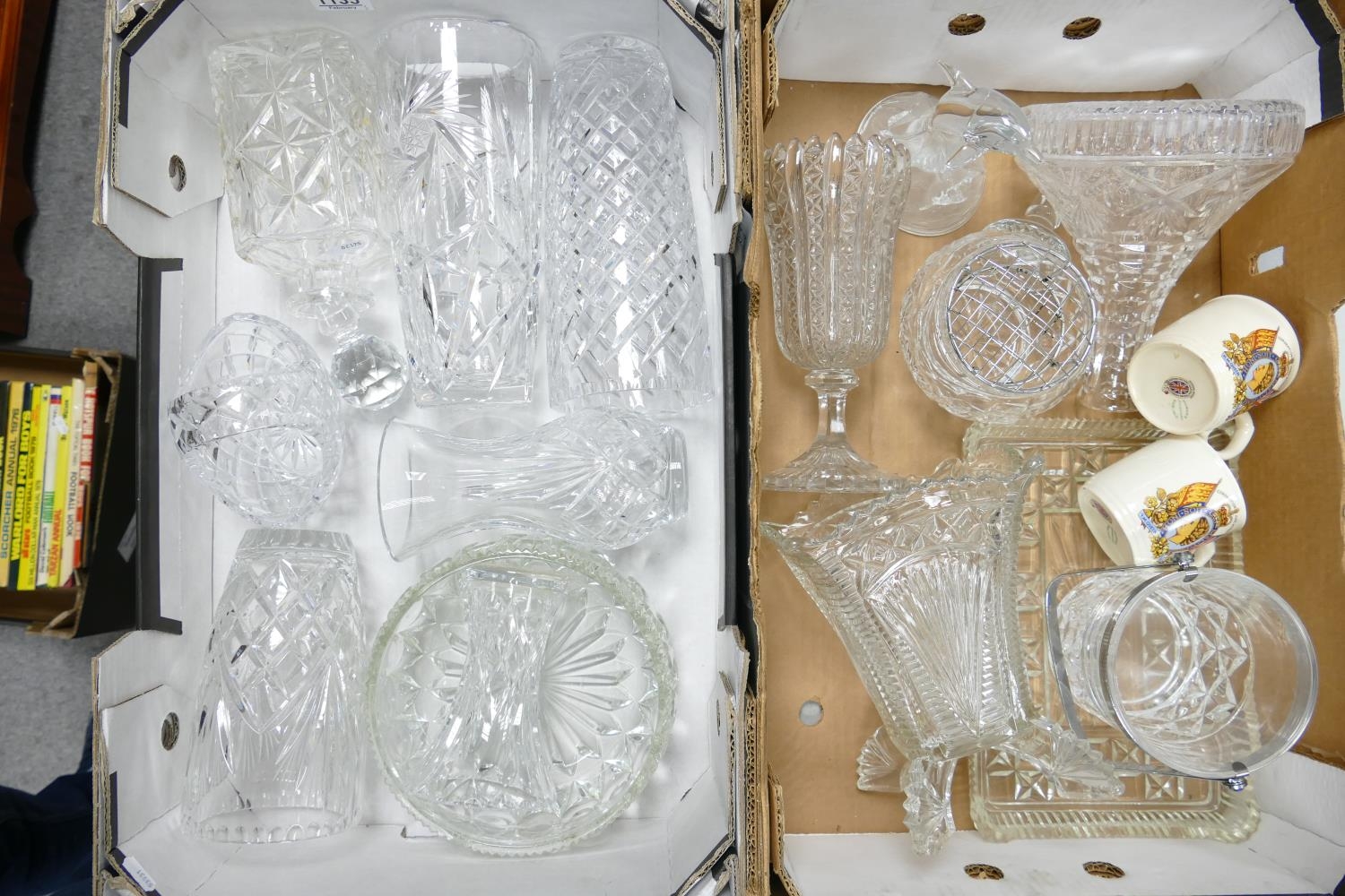 A Collection of cut & pressed glassware: to include Vases, bowls, decanters, etc. (2 Trays)