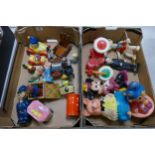 A collection of Mid Century Plastic& similar Toy Dolls, Money Boxes, Robot etc: 2 trays