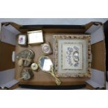 A mixed collection of items to include silver plated dressing table boxes: Art Nouveau hand
