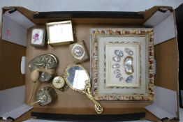 A mixed collection of items to include silver plated dressing table boxes: Art Nouveau hand