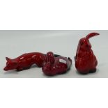Royal Doulton Flambe Small Stalking Fox, Lop Eared Rabbit & Duck: height of tallest 6cm(3)
