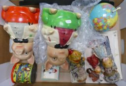 A mixed collection of items to include Wade Big Ears: metal globe, two Ellgreave pig money boxes etc