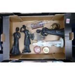 A mixed collection of items to include pottery figures: Royal Doulton greater scaup bird, lidded