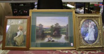 A framed and glazed oil on board lakeside scene: together with 2 framed prints, size of largest 72cm