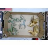 A mixed collection of items to include gold effect figures of fighting cocks : horses etc