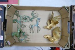 A mixed collection of items to include gold effect figures of fighting cocks : horses etc
