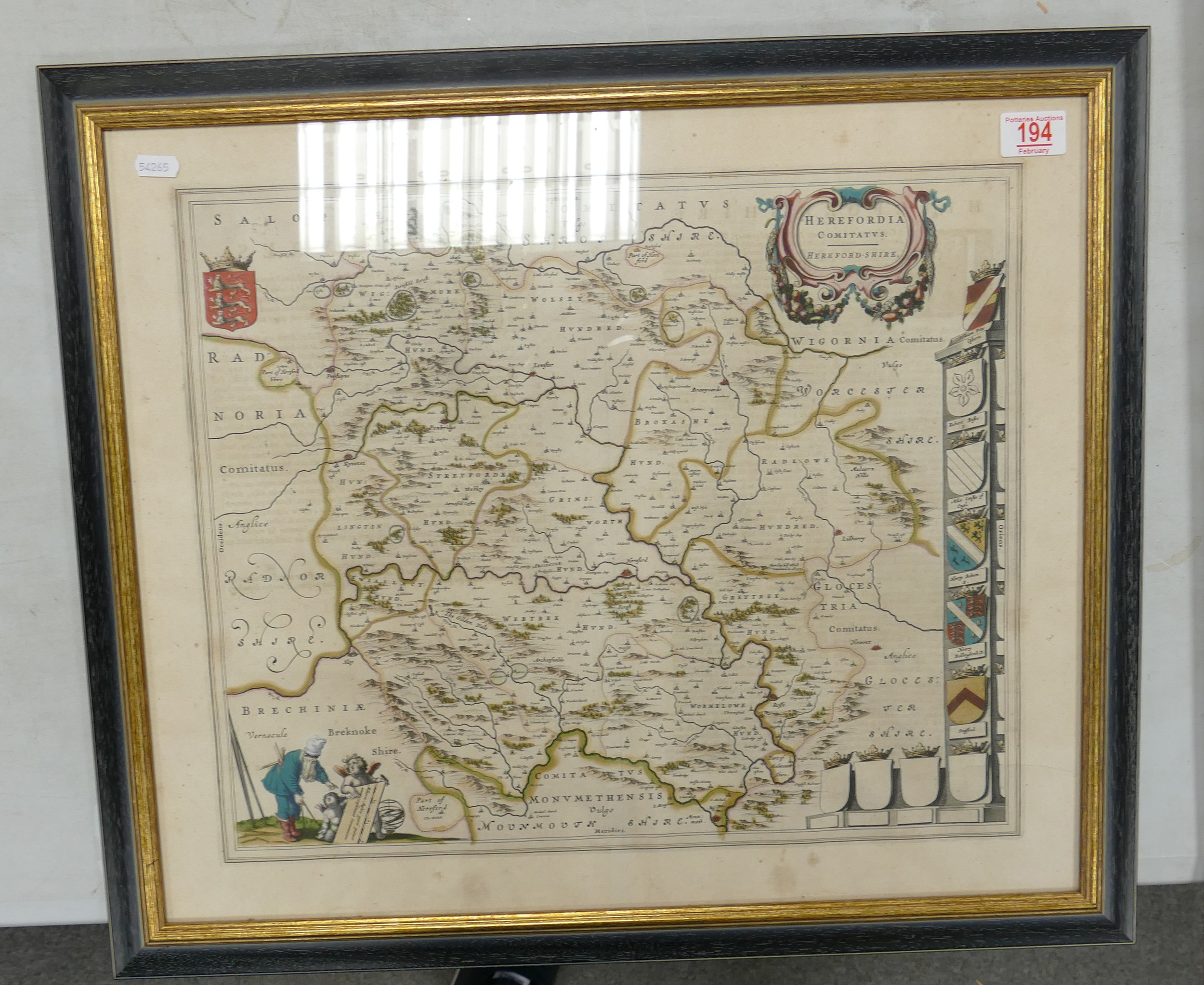 A map by Johannes Blaeu of Herefordshire: circ 1663. 56cm x 66cm including frame