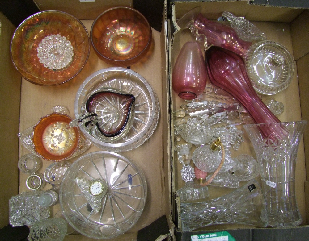 A collection of mixed glass ware: including cranberry and carnival glass (2 trays).