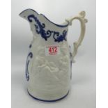 19th Century Embossed Blue & White Water Jug with images of Children Playing: height 34cm