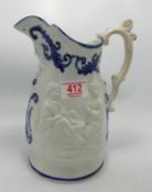 19th Century Embossed Blue & White Water Jug with images of Children Playing: height 34cm