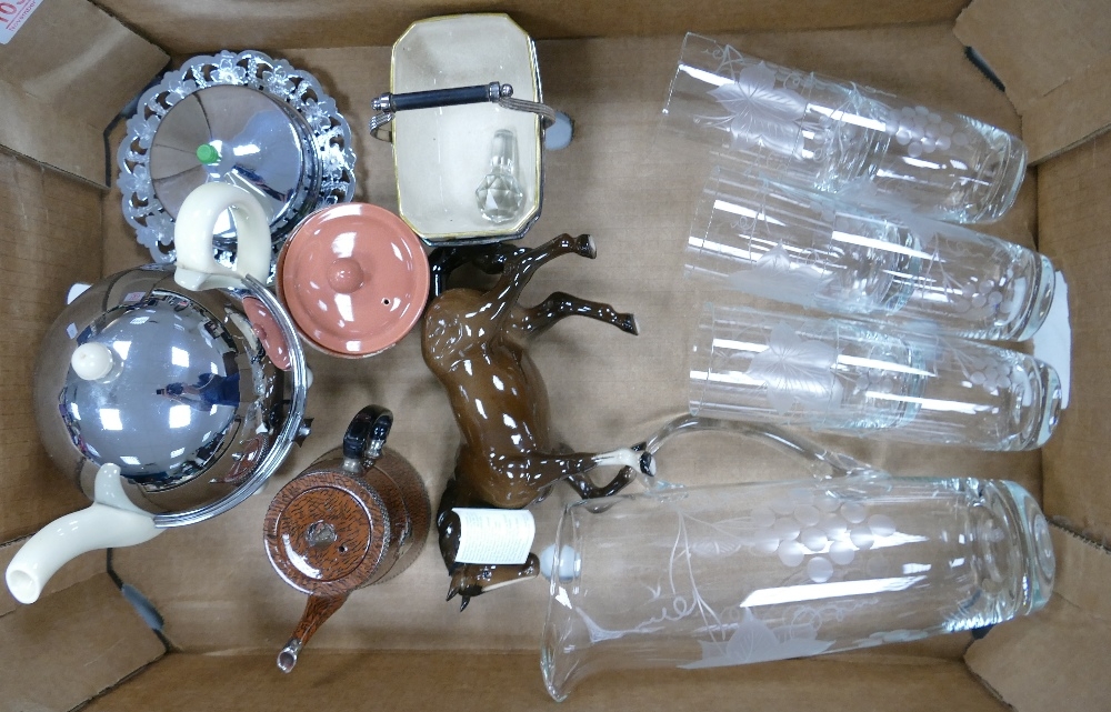 A mixed collection of items to include: quality etched glass ware, deco teapot, Beswick Horse etc