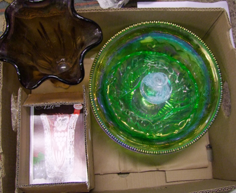 A collection of Glassware to include; carnival glass punch bowl, iridescent green glass fruit