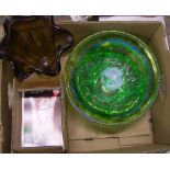 A collection of Glassware to include; carnival glass punch bowl, iridescent green glass fruit