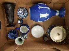 A Collection of Dip Blue Wedgwood & similar Jasperware items to include: 12 inch Vase (a/f), Dancing