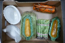 A collection of mid Century Majolica type items to include sweetcorn dish: asparagus pot, damaged