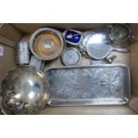 A mixed collection of silver plated items to include coasters: salts, footed bowl, handle held