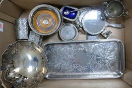 A mixed collection of silver plated items to include coasters: salts, footed bowl, handle held