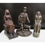 Three resin figures: one bronze effect farmer, one bronze effect Egyptian and one wood effect