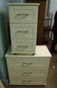 Modern painted cream chest of 3 drawers together with a matching 3 drawer bedside chest, largest
