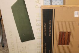 Amazon returned items: boxed Dimplex hearth pad together with a boxed wooden shower mat.
