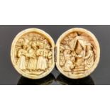 18/19th century Dieppe carved Ivory Diptych with religious scene: Diameter 5.5cm. Please note that