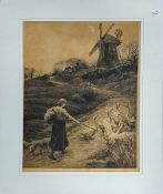 Herbert Dicksee etching THE MILL: Girl and Geese with Windmill in the background. Frost & Reed 1915,