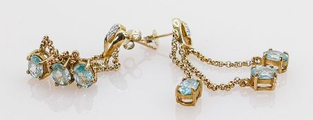 9ct gold heart earrings: Each with three chain droppers set with aqua coloured semi precious stones,