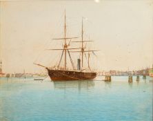 Framed Watercolour of Steamship at Dock: Signature to lower left, 31.5cm x 36.5cm.