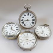 Three gents heavy silver pocket watches & 1 other: Gross weight of 3 silver watches 330g, no keys,