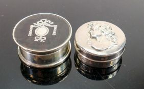 Two silver snuff boxes: One hallmarked for London 1918 with tortoiseshell inlaid cover, 16.8g and