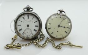 Graves of Sheffield silver pocket watch plus one other & a silver watch chain: Watches weigh 214g