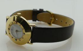 Jaeger le Coultre 14ct gold vintage wristwatch: Gents/ladies dial diameter 3cm with leather strap.