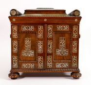 Regency Rosewood ornate Mother of Pearl inlaid compendium sewing box: Sarcophagus form chest, with