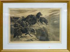 Herbert Dicksee etching BAFFLED Wolves on a cliff top: Arthur Tooth 1903 exhibited at RA 1908,