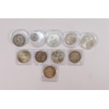 10 assorted silver coins inc 7 x crown size: 4 x Maria Theresa Thaler, 2 x USA $1 1890 & 1923, 2 x