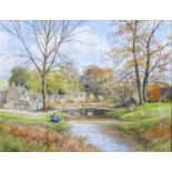 Reginald Johnson large watercolour Upper Slaughter signed: Cotswolds measuring 35cm x 45cm excluding