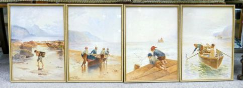 R Douglas, set of watercolours of fishing scenes: Comprising "On the Irish Coast", "Cornish