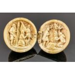 18/19th century Dieppe carved Ivory Diptych with religious scene: Diameter 5.5cm. Please note that