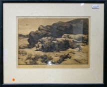 Herbert Dicksee etching LION & LIONESS ON ROCKY OUTCROP: Signed in pencil in margin. Measuring 30.