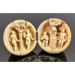 18/19th century Dieppe carved Ivory Diptych with religious scene Adam & Eve: Diameter 5.5cm.